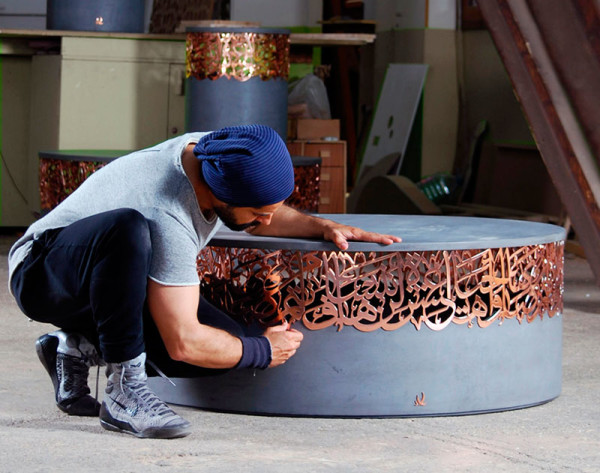Iyad Naja forms metal and concrete calligraphy stools for Dubai Design Week